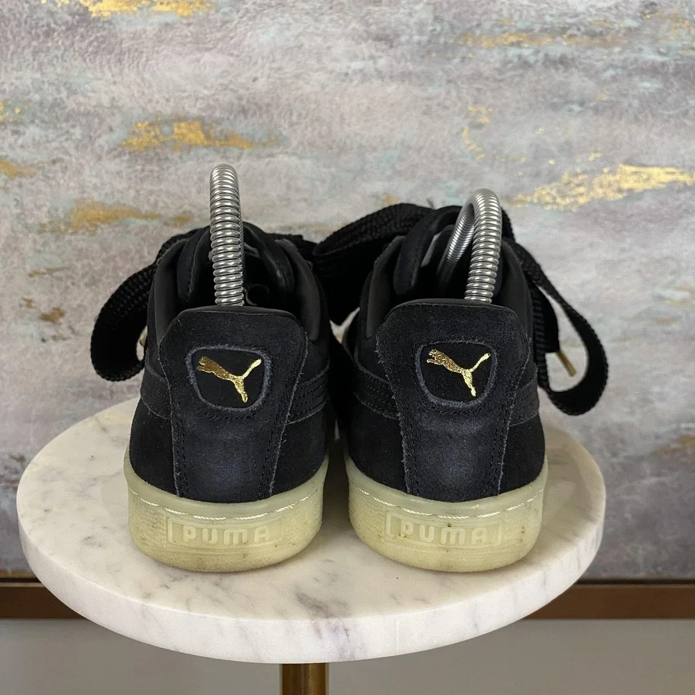 PUMA Suede Shoes Womens Size 8 Black Leather Wide Lace Low Top Sneakers